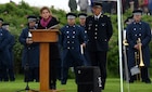 U.S. Ambassador to France Jamie McCourt speaks at a ceremony in Sainte-Marie-du-Mont, France