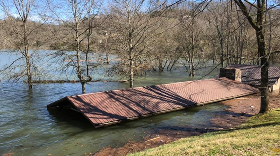 High water at Center Hill Lake submerges a pavilion and bathroom at Floating Mill Park in Silver Point, Tenn., Feb. 25, 2019. The U.S. Army Corps of Engineers Nashville District is assessing damage to recreation facilities at its 10 lakes in the Cumberland River Basin as high waters recede. (USACE photo by John Malone)