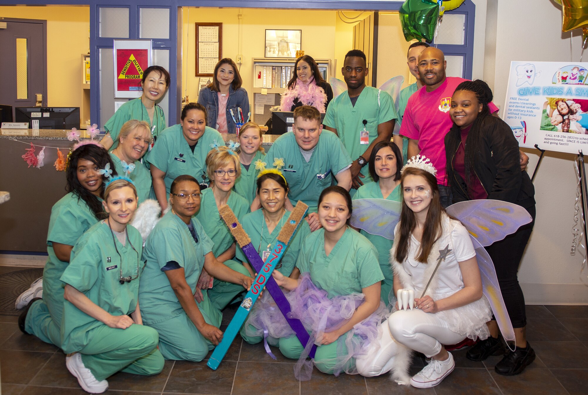 Service members and civilians assigned to the 375th Dental Squadron dental clinic sponsored “Give Kids a Smile” day event March 9, 2019, held on Scott Air Force Base, Illinois.  The program offered children without insurance the opportunity to make an appointment with the dental clinic and receive free dental care from trained professionals.     (U.S. Air Force photo by Airman 1st Class Isaiah Gonzalez)