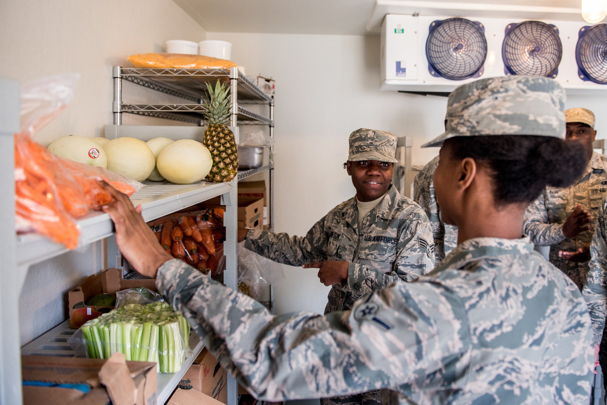 Airmen assigned to the 512th Memorial Affairs Squadron conduct a food inventory during the 2019 John L. Hennessy competition at Dobbins Air Reserve Base, Georgia, March 8, 2019. Competing teams were tasked with ordering food for their menus two months prior to the competition on March 9. (U.S. Air Force photo by Staff Sgt. Damien Taylor)