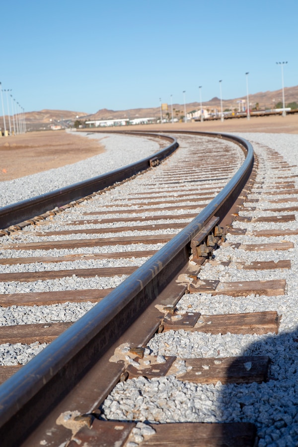 New heavy equipment ramp and track are ready for use to load and unload heavy tracked equipment on and off of railcars, on the Yermo Annex aboard Marine Corps Logistics Base Barstow, Calif., March 13. The new tracks will help increase capacity for equipment transport to and from the base, saving the Department of Defense additional funds in transportation costs for all branches of service.