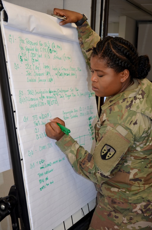 Capt. Julie Riggio, 1LSBn LOGCAP Support Officer, works on her team's statement of work and letter of justification before she presents to the Joint Readiness Review Board.
