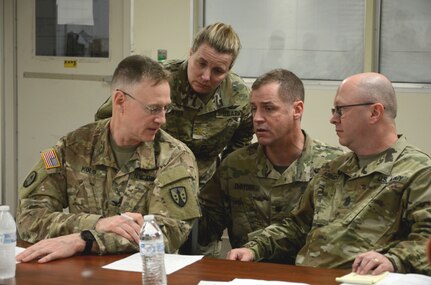 Logistics Support Battalion Commander, Col. Garrett Kolo (left), discusses processes during a Joint Readiness Review Board for a deployment exercise with Maj. Julie Bowyer, LSB executive officer; Lt. Col. Adrian DeRyder, 2 LSB battalion commander;  and Command Sgt. Major Daniel Arndt, LSB senior enlisted advisor.