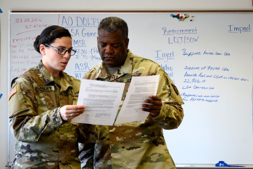 Sgt. 1st Class Sarah Stanley and Staff Sgt. Alton Crosslin discuss the statement of work for the request to support the Federal Emergency Management Agency's operations after a mock hurricane hit the coast of Florida during the Logistics Support Battalion Mobilization Exercise (MOBEX).