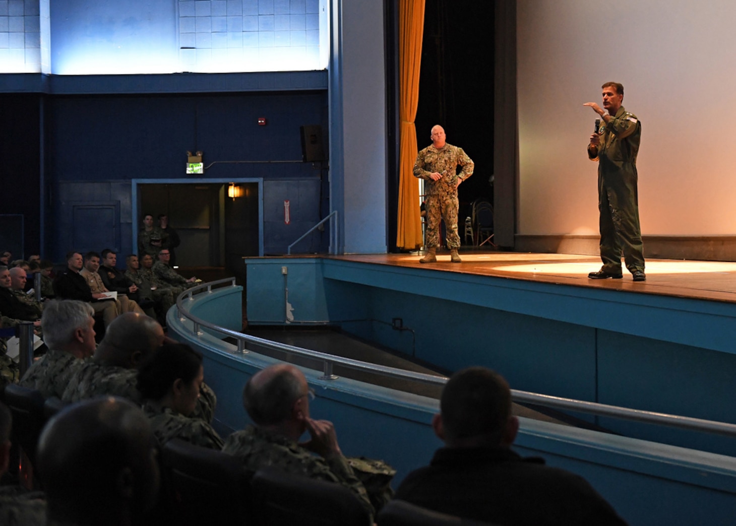 (March 11, 2019) Adm. John Aquilino, commander of U.S. Pacific Fleet, speaks with leaders from area San Diego-based commands at the Naval Air Station North Island's Lowry Base Theater. During his visit to San Diego, Aquilino shared information about fleetwide efforts to restore unit readiness and sought feedback from unit commanders on those efforts.