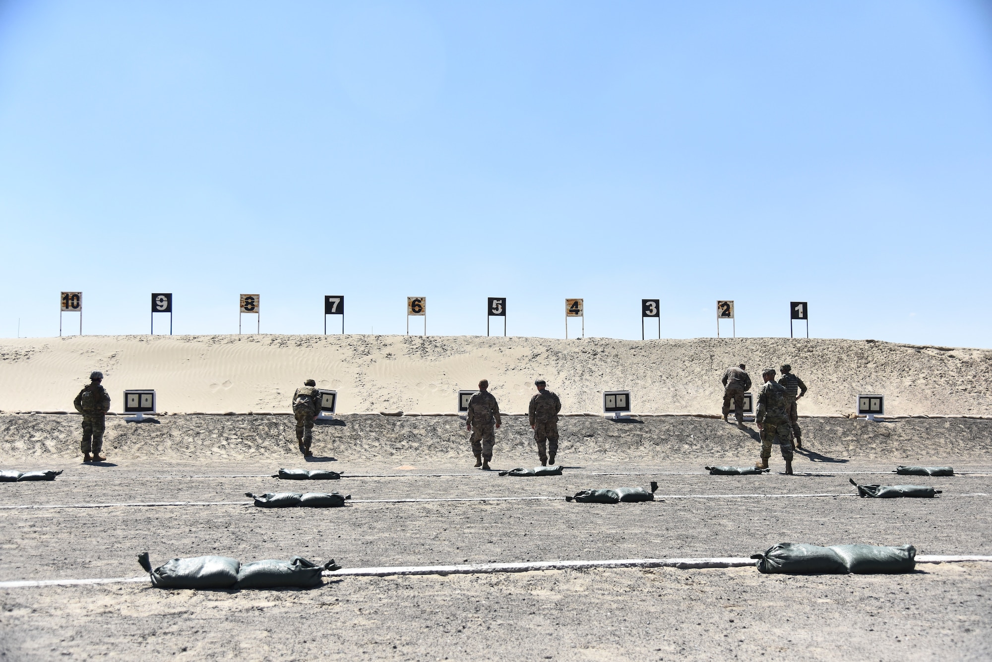 Airmen assigned to the 380th Expeditionary Security Forces Squadron prepare to correct their sights at Al Dhafra Air Base, United Arab Emirates, March 8, 2019. Security Forces Airmen are also known as Defenders. (U.S. Air Force photo by Senior Airman Mya M. Crosby)