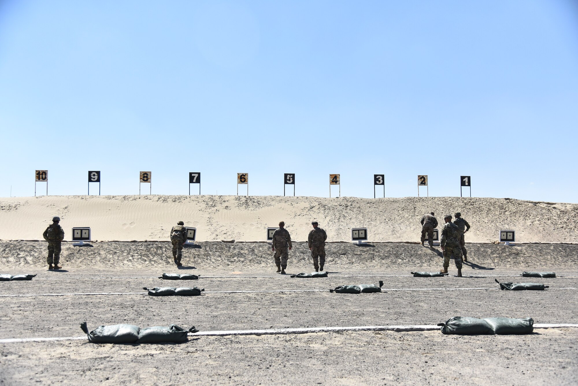 Airmen assigned to the 380th Expeditionary Security Forces Squadron prepare to correct their sights at Al Dhafra Air Base, United Arab Emirates, March 8, 2019. Security Forces Airmen are also known as Defenders. (U.S. Air Force photo by Senior Airman Mya M. Crosby)