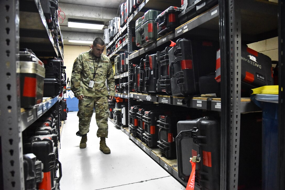 Staff Sgt. Luis Rosa, 380th Expeditionary Maintenance Group RQ-4 Global Hawk and U-2 Dragon Lady quality assurance inspector, performs an inspection with RQ-4 Global Hawk tool kits at Al Dhafra Air Base, United Arab Emirates, March 12, 2019. QA Airmen serve as the primary technical advisory agency in the maintenance organization, assisting maintenance supervision at all levels to identify, validate and/or resolve workmanship, proficiency and/or compliance issues impacting mission generation. (U.S. Air Force photo by Senior Airman Mya M. Crosby)