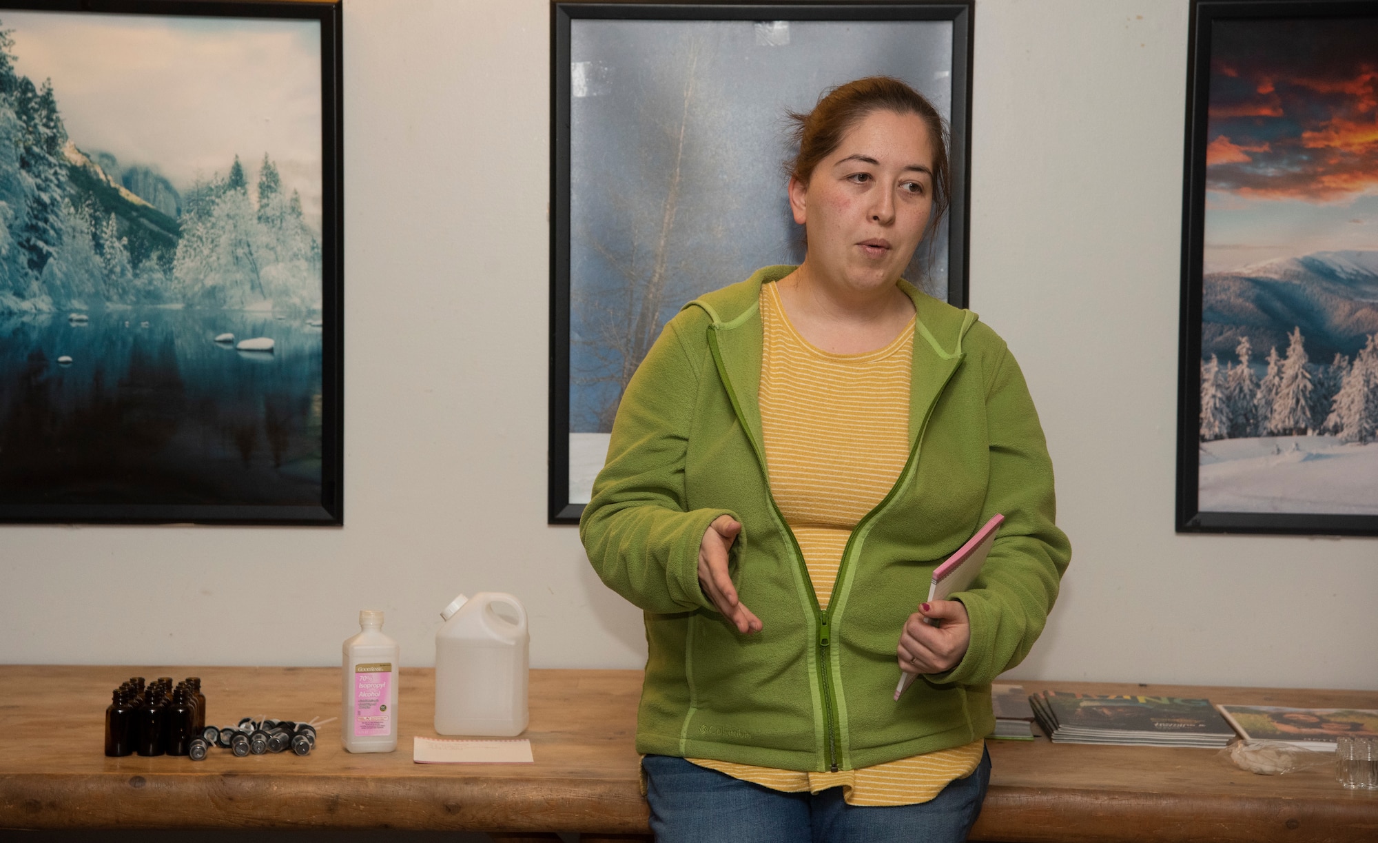Alice Mizer, a Misawa area language instructor and essential oils guide, introduces herself during an essential oils class at Misawa Air Base, Japan, March 12, 2019. Nine attendees came together and learned how to make a mixture of lavender, lemon or peppermint rollers as well as “poopouri” spray, which is used to extinguish bad bathroom smells. (U.S. Air Force photo by Senior Airman Sadie Colbert)