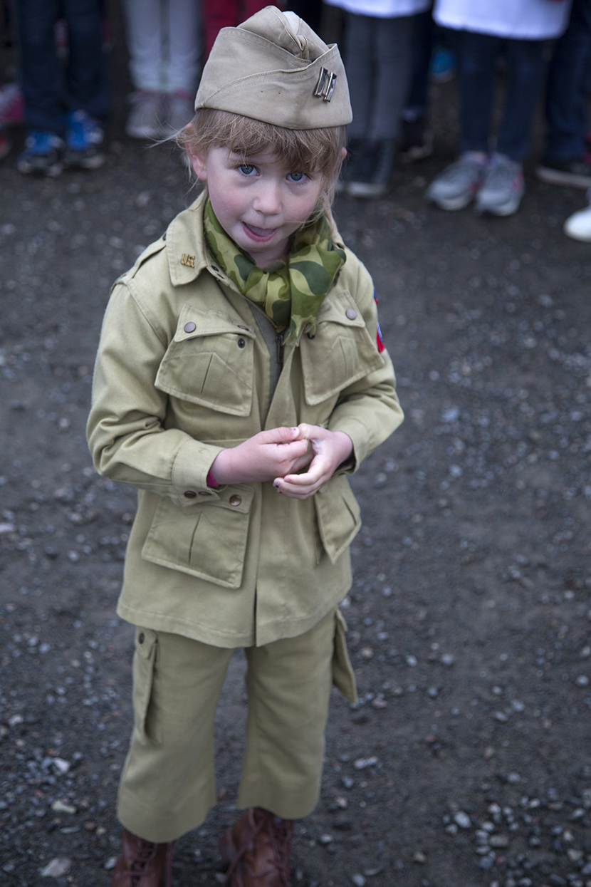 A French child in WWII clothes in Picauville, France