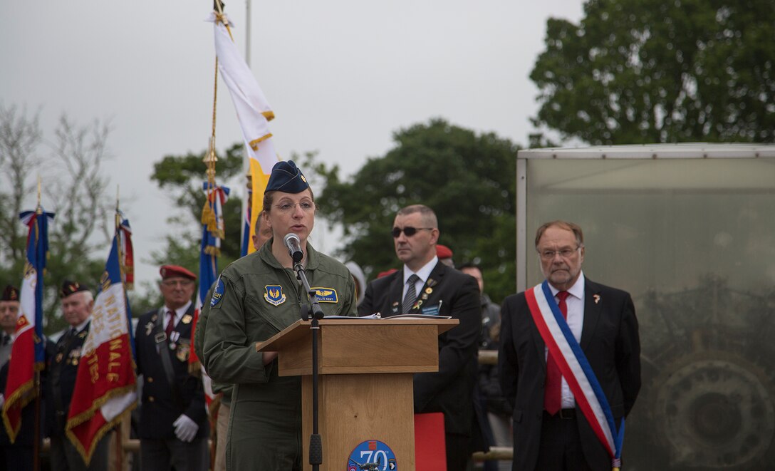 U.S. and French dignitaries at a ceremony in Picauville, France