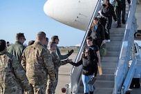 Leadership deployed from Barksdale Air Force Base, La., welcome their deployed Airmen to RAF Fairford, England, March 11, 2019. During their deployment, the Airmen will work around the clock to support U.S. Strategic Command’s Bomber Task Force (BTF) in Europe.