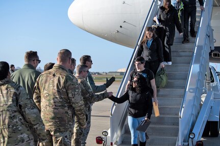 Leadership deployed from Barksdale Air Force Base, La., welcome their deployed Airmen to RAF Fairford, England, March 11, 2019. During their deployment, the Airmen will work around the clock to support U.S. Strategic Command’s Bomber Task Force (BTF) in Europe.
