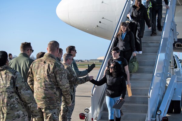 Leadership deployed from Barksdale Air Force Base, La., welcome their deployed Airmen to RAF Fairford, England, March 11, 2019. During their deployment, the Airmen will work around the clock to support U.S. Strategic Command’s Bomber Task Force (BTF) in Europe.