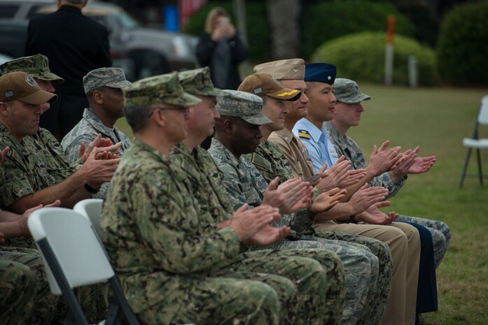 Members of Joint Base Charleston’s leadership attend the proclamation ceremony for Navy Week March 11, 2019, at Patriots Point in Mount Pleasant, S.C.