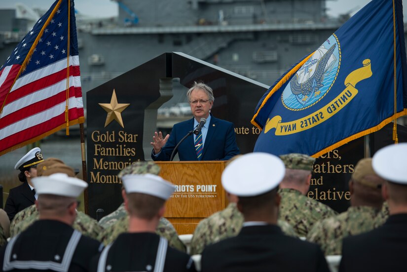 Charleston Mayor John Tecklenburg delivers a proclamation to kick off Navy Week March 11, 2019, at Patriots Point in Mount Pleasant, S.C.