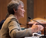 Secretary of the Air Force Heather Wilson testifies during a Senate Appropriations Committee hearing on the fiscal year 2020 funding request and budget justification for the Department of the Air Force in Washington, D.C., March 13, 2019.