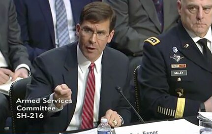 Secretary of the Army Mark T. Esper responds to a question while testifying before the Senate Armed Services Committee on Capitol Hill in Washington, D.C., March 7, 2019. Army senior leaders introduced an action plan to lawmakers that outlines steps to remedy military housing issues.