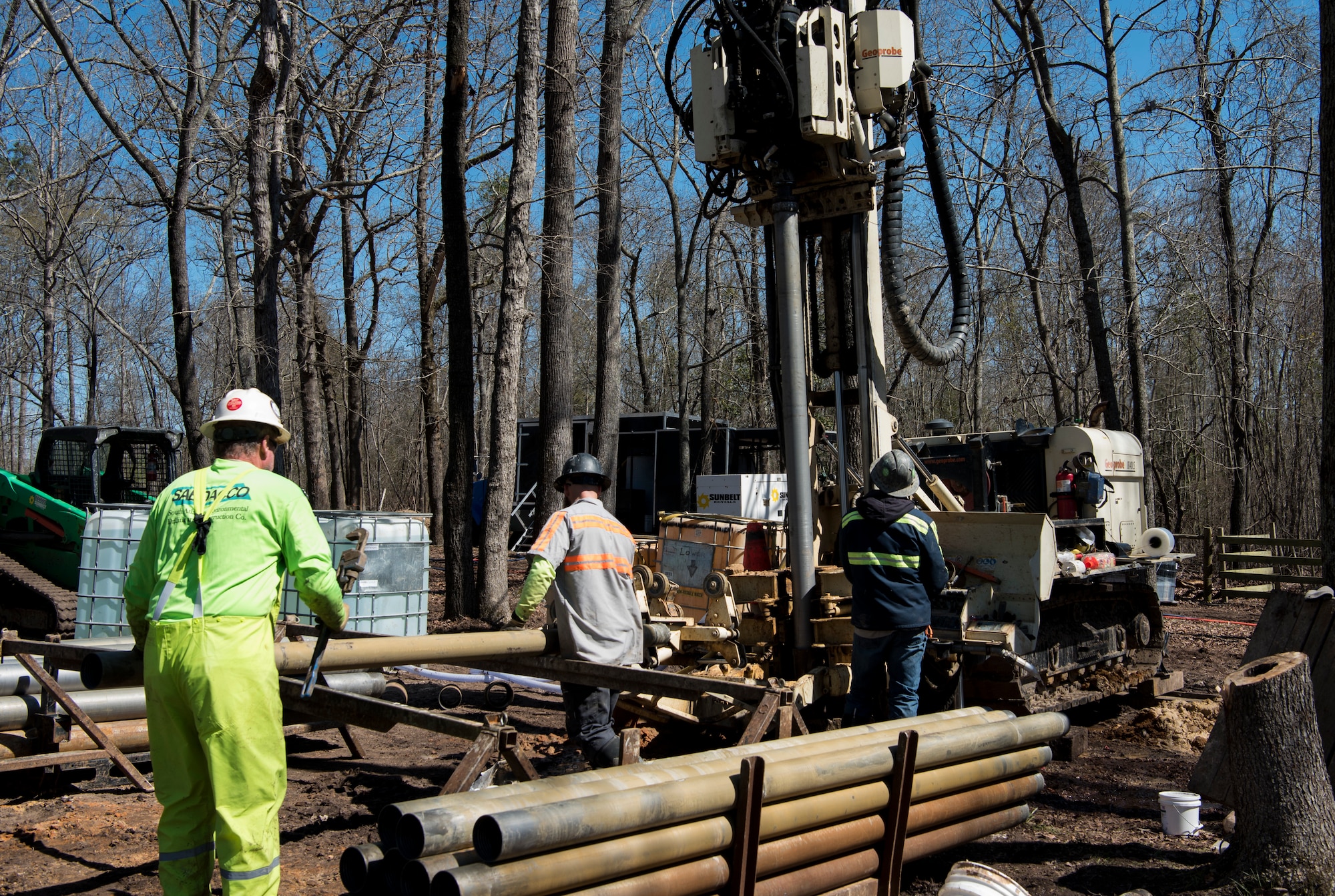 South Atlantic Environmental Drilling and Construction Company workers drill into the ground to insert a BOS 100® Treatment Barrier at Sans Souci Farm in Sumter, S.C., March 7, 2019.