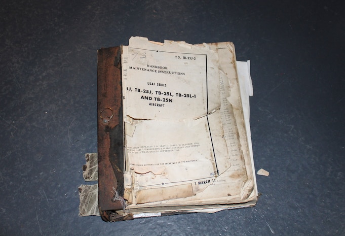 Technical Order 1B-25J-2 “Handbook Maintenance Instructions.” This original period correct technical data manual was useful to members of the 437th Maintenance Group from Joint Base Charleston, S.C., when they came to the aid of Patriots Point Maritime Museum in Mount Pleasant, S.C., in February 2019 when the tires on a B-25 at the museum needed replacement.