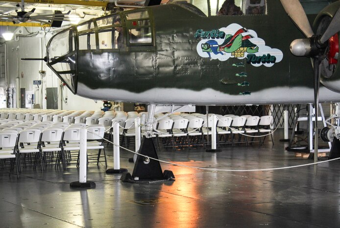 Members of the 437th Maintenance Group from Joint Base Charleston, S.C., came to the aid of Patriots Point Maritime Museum in February 2019 when the tires on a B-25 at the museum needed replacement. The Airmen volunteered their time and used their knowledge of C-17 Globemaster III tire maintenance to create a successful method of changing the tires on the World War II-era bomber.