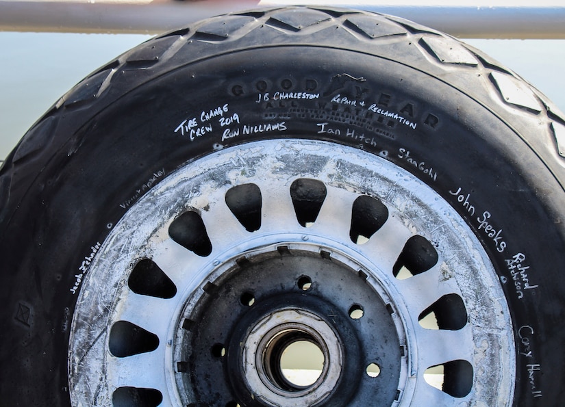 One of the main landing gear tires for a B-25 bomber at Patriots Point Maritime Museum in Mount Pleasant, S.C., signed by members of the 437th Maintenance Squadron Aero Repair/Wheel and Tire Shop at Joint Base Charleston, S.C.