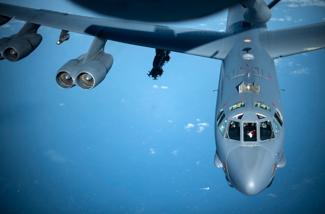 B-52 receives fuel from a KC-135 off the English Coast
