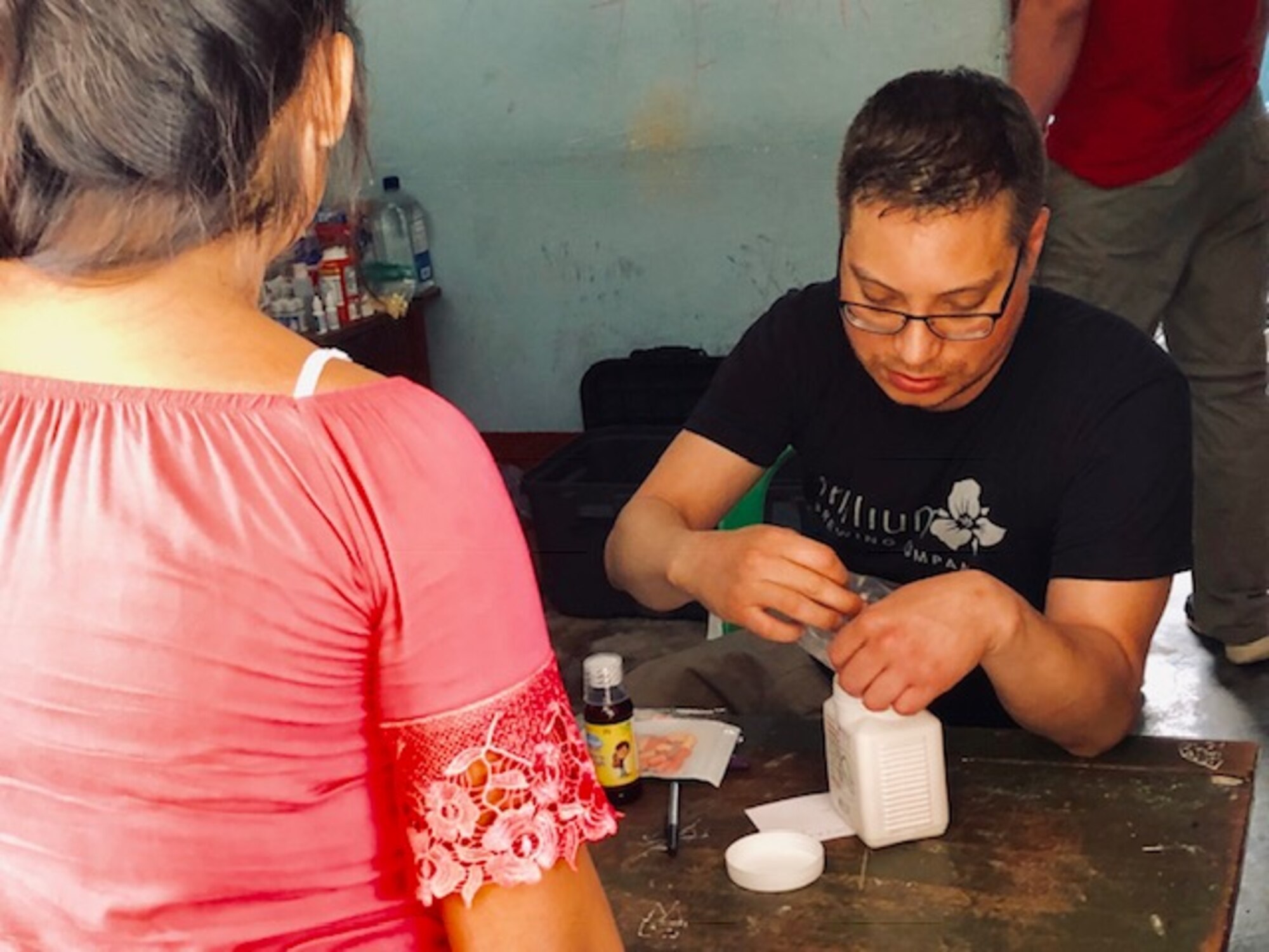 Maj. Pedro Colón, 22nd Medical Support Squadron flight commander of diagnostics and therapeutics, explains a prescription to a patient March 2019, in the San Martin Region, Peru. Colón processed 1,486 prescriptions during the medical mission trip to seven different towns in Peru. (Courtesy photo)