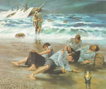 A painting of Rasmus Midgett rescuing the crew of the vessel Priscilla