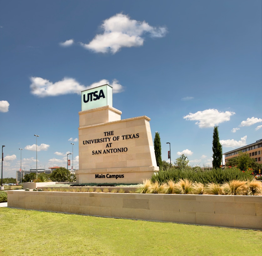 Picture of the UTSA sign in daylight on a sunny day.
