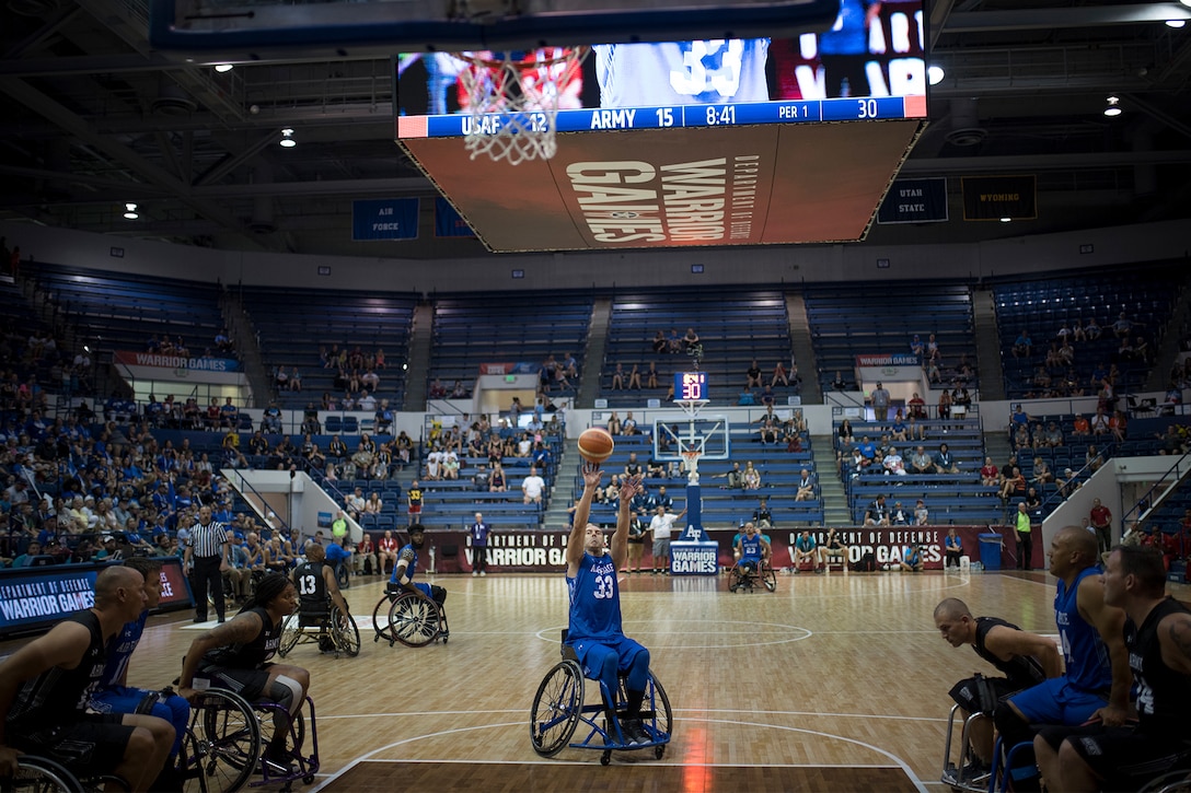 An athlete shoots a basketball