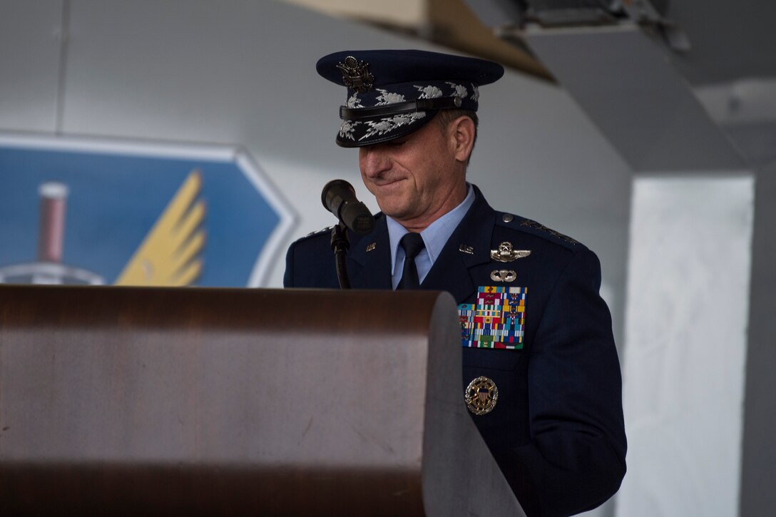 Air Force Chief of Staff Gen. David L. Goldfein speaks during the Celebration of Life ceremony honoring Mr. W. Parker Greene, March 14, 2019, at Moody Air Force Base, Ga. Greene, a steadfast Air Force advocate and one of the most influential military civic leaders passed away Dec. 18, 2018. (U.S. Air Force Photo by Senior Airman Janiqua P. Robinson)