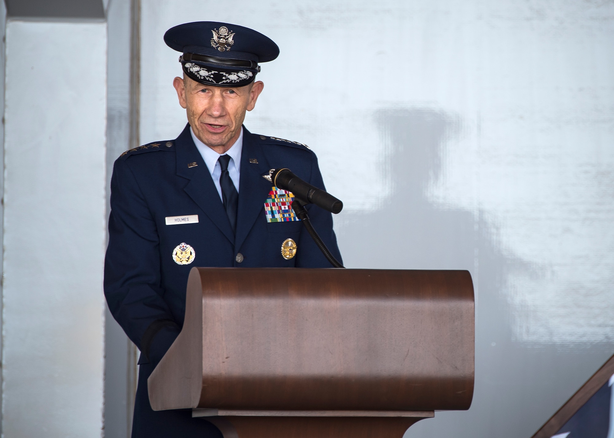 Gen. Mike Holmes, commander of Air Combat Command speaks at the Celebration of Life ceremony honoring the late W. Parker Greene, March 14, 2019, at Moody Air Force Base, Ga. The event was held in honor of Mr.Greene and his unwavering support to Moody, the local community and the entire Air Force for more than 40 years. Mr. Greene, a steadfast Air Force advocate and one of the most influential military civic leaders, passed away Dec. 18, 2018.  (U.S. Air Force photo by Airman 1st Class Eugene Oliver)