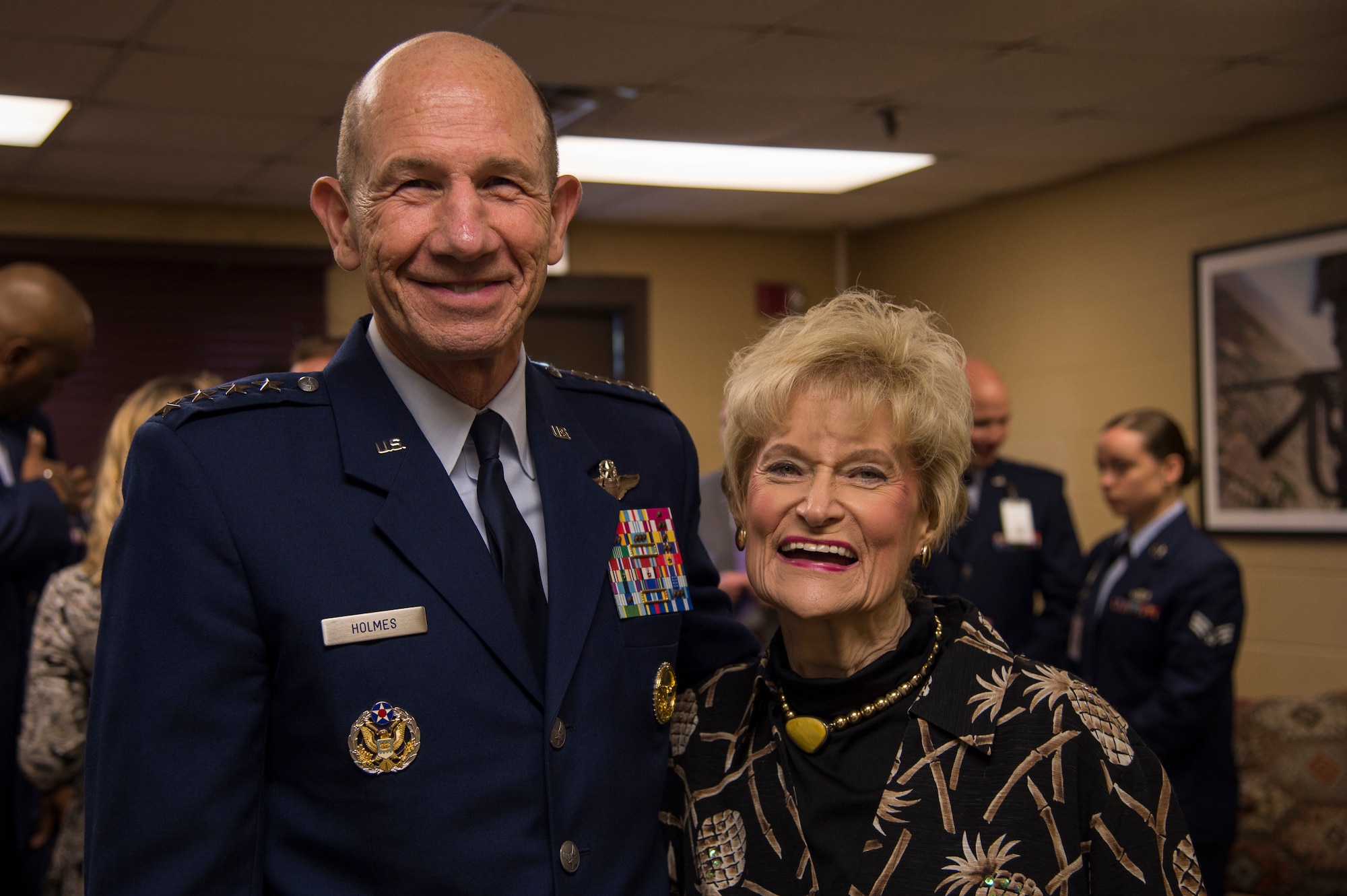 Gen. Mike Holmes, commander of Air Combat Command, poses for a photo with Dr. Lucy Greene during the Celebration of Life ceremony honoring the late Mr. W. Parker Greene, March 14, 2019, at Moody Air Force Base, Ga. Greene, a steadfast Air Force advocate and one of the most influential military civic leaders passed away Dec. 18, 2018. (U.S. Air Force Photo by Andrea Jenkins)