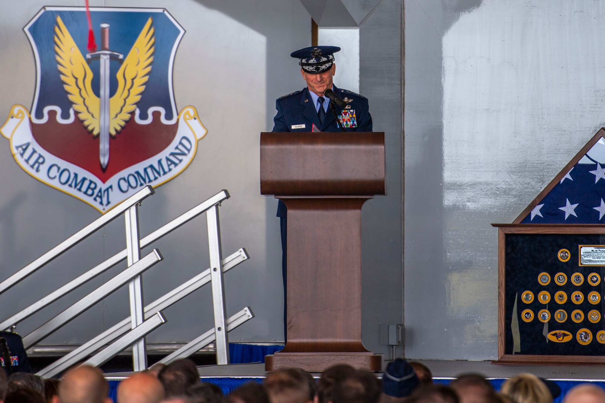 Air Force Chief of Staff Gen. David L. Goldfein speaks at the Celebration of Life ceremony honoring the late W. Parker Greene, March 14, 2019, at Moody Air Force Base, Ga. The event was held in honor of Mr. Greene and his unwavering support to Moody, the local community and the entire Air Force for more than 40 years. Mr. Greene, a steadfast Air Force advocate and one of the most influential military civic leaders, passed away Dec. 18, 2018. (U.S. Air Force photo by Airman 1st Class Joseph Leveille)