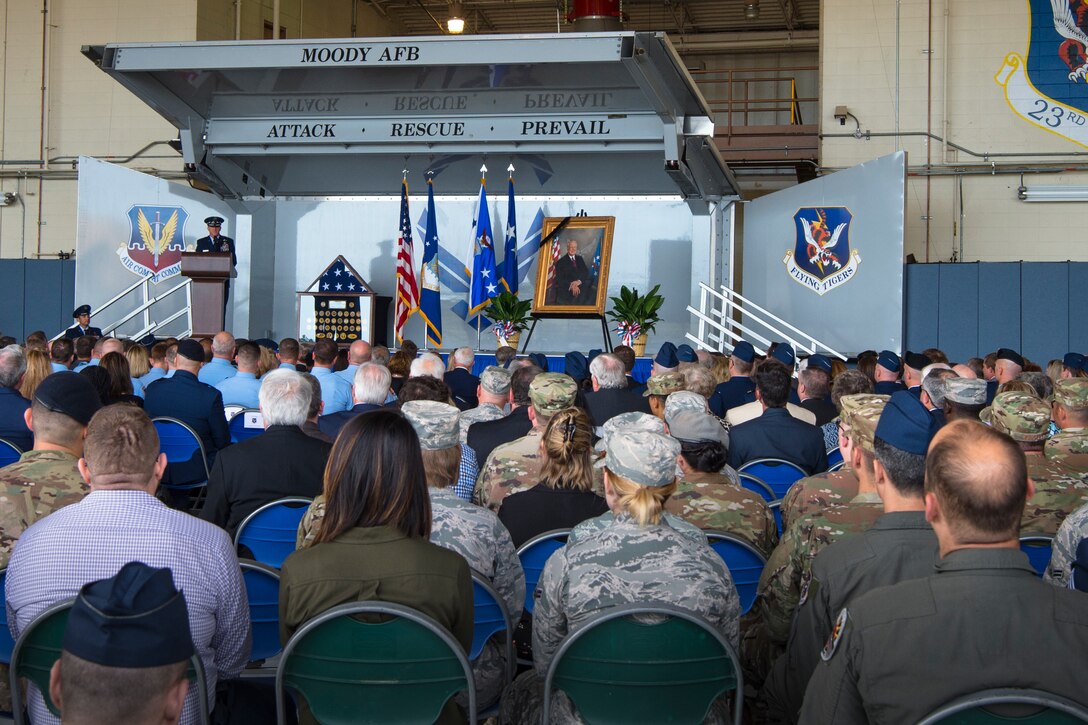 Air Force Chief of Staff Gen. David L. Goldfein speaks at the Celebration of Life ceremony honoring the late W. Parker Greene, March 14, 2019, at Moody Air Force Base, Ga. The event was held in honor of Mr. Greene and his unwavering support to Moody, the local community and the entire Air Force for more than 40 years. Mr. Greene, a steadfast Air Force advocate and one of the most influential military civic leaders, passed away Dec. 18, 2018. (U.S. Air Force photo by Airman 1st Class Taryn Butler)