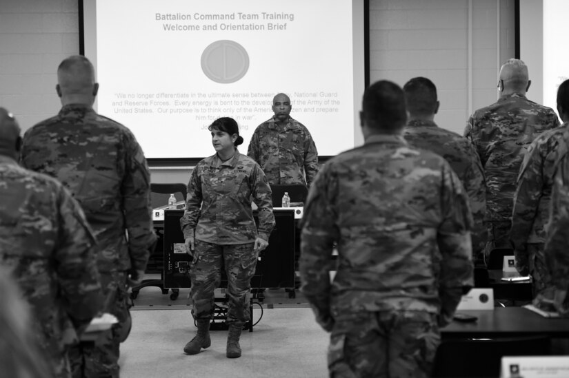 Brig. Gen. Kris Belanger, Commanding General, 85th Support Command, opens up the 85th U.S. Army Reserve Support Command’s Battalion Commanders Huddle reciting the Soldier’s Creed with her battalion command teams, March 8-10, 2019.