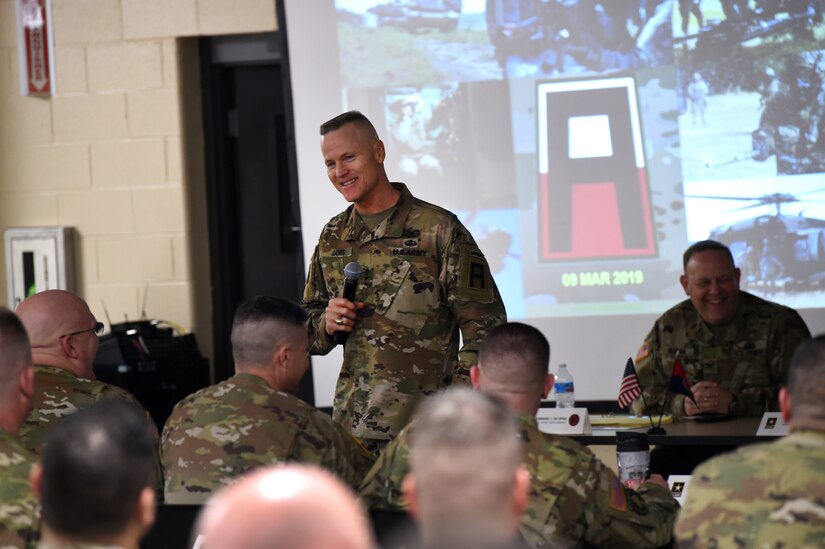 Army Lt. Gen. Thomas James Jr, Commanding General, First Army, discusses the importance of readiness with battalion command teams who gathered in Arlington Heights, Illinois for a three-day briefing, hosted by the 85th U.S. Army Reserve Support Command, Mar. 8-10, 2019.