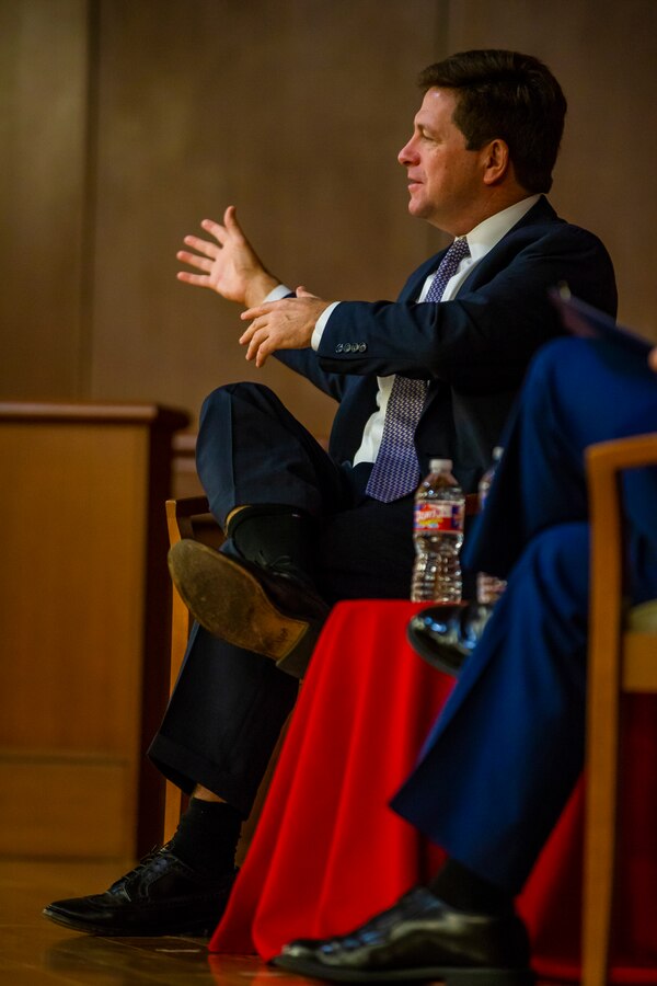 The Honorable Jay Clayton, chairman of the U.S. Securities and Exchange Commission, speaks to Marines and Coast Guardsmen during a town hall at Marine Corps Support Facility New Orleans, March 14, 2019. Clayton was nominated to chair the U.S. Securities and Exchange Commission on Jan. 20, 2017. (U.S. Marine Corps photo by Lance Cpl. Jose Gonzalez)