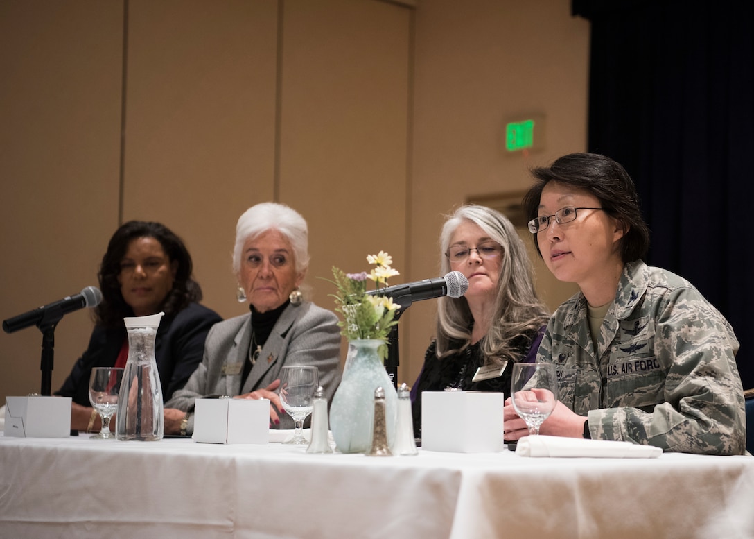 Women of the Women’s Empowerment Panel speak to attendees during the Women’s History Month Empowerment Panel March 14, 2019, at Vandenberg Air Force Base, Calif. The four women on the panel, who hold leadership roles both on base and in the local community, spoke to approximately 60 members, answering questions and emphasizing what is was like to be a women in a position of leadership. (U.S. Air Force Airman 1st Class Aubree Milks)