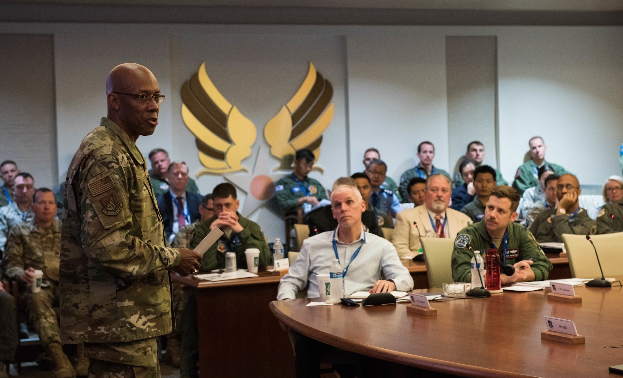U.S. Air Force Gen. CQ Brown, Jr., Pacific Air Forces (PACAF) commander, speaks to members of the Pacific F-35 Users Group Conference at Headquarters PACAF, Joint Base Pearl Harbor-Hickam, Hawaii, March 12, 2019.