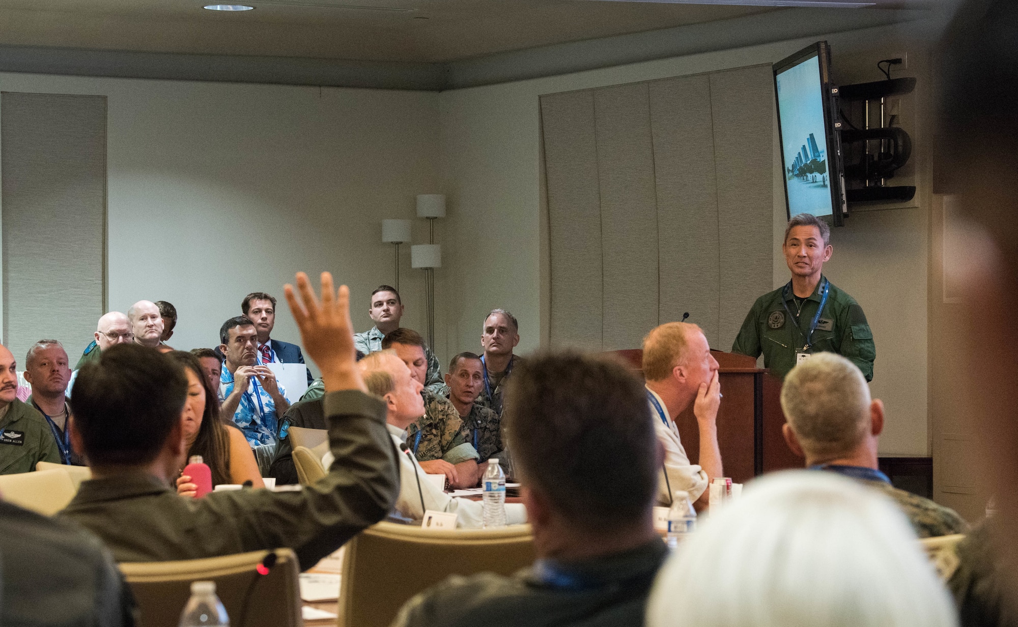 Koku Jieitai (Japan Air Self-Defense Force) Maj. Gen. Koji Imaki, Director of Defense Pans & Operations, gives a country update briefing during the Pacific F-35 Users Group Conference at Headquarters Pacific Air Forces, Joint Base Pearl Harbor-Hickam, Hawaii, March 13, 2019.