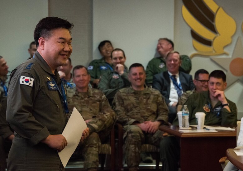 Republic of Korea Air Force Col. Junsun Lee, 17th Fighter Wing Air Operations Group commander, gives a country update briefing during the Pacific F-35 Users Group Conference at Headquarters Pacific Air Forces, Joint Base Pearl Harbor-Hickam, Hawaii, March 13, 2019.
