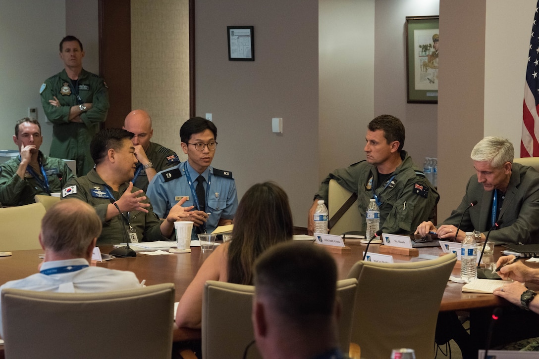 Republic of Korea Air Force Col. Junsun Lee, 17th Fighter Wing Air Operations Group commander, speaks to members of the Pacific F-35 Users Group Conference at Headquarters PACAF, Joint Base Pearl Harbor-Hickam, Hawaii, March 12, 2019.