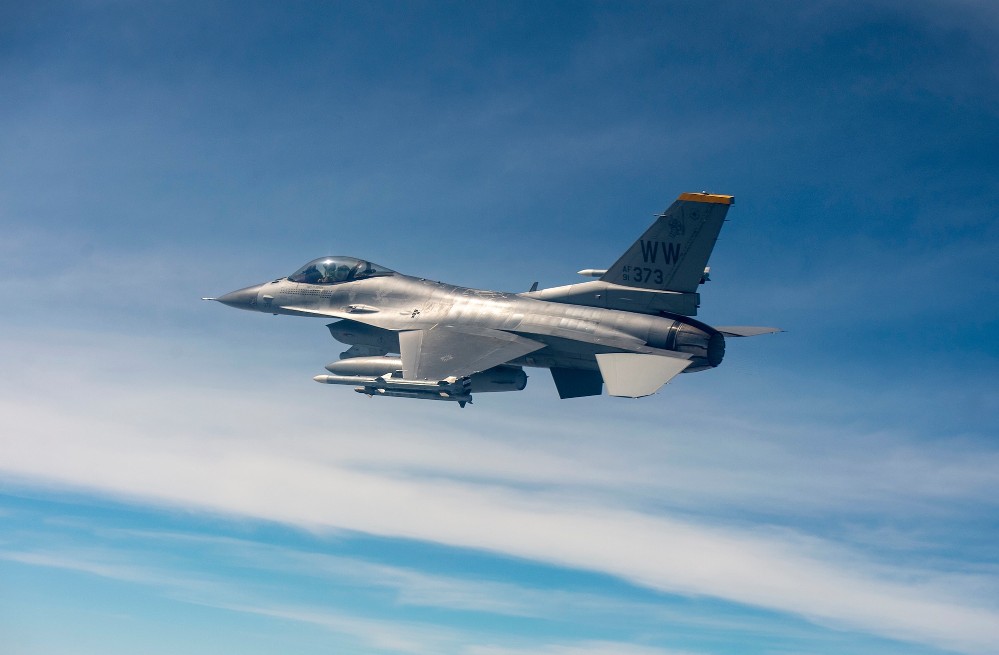 U.S. Air Force Capt. Joe Swinson, 14th Fighter Squadron pilot, flies alongside his wingman during a large-scale air defense and strike mission exercise during COPE Tiger 19, in Thailand, March 14, 2019.