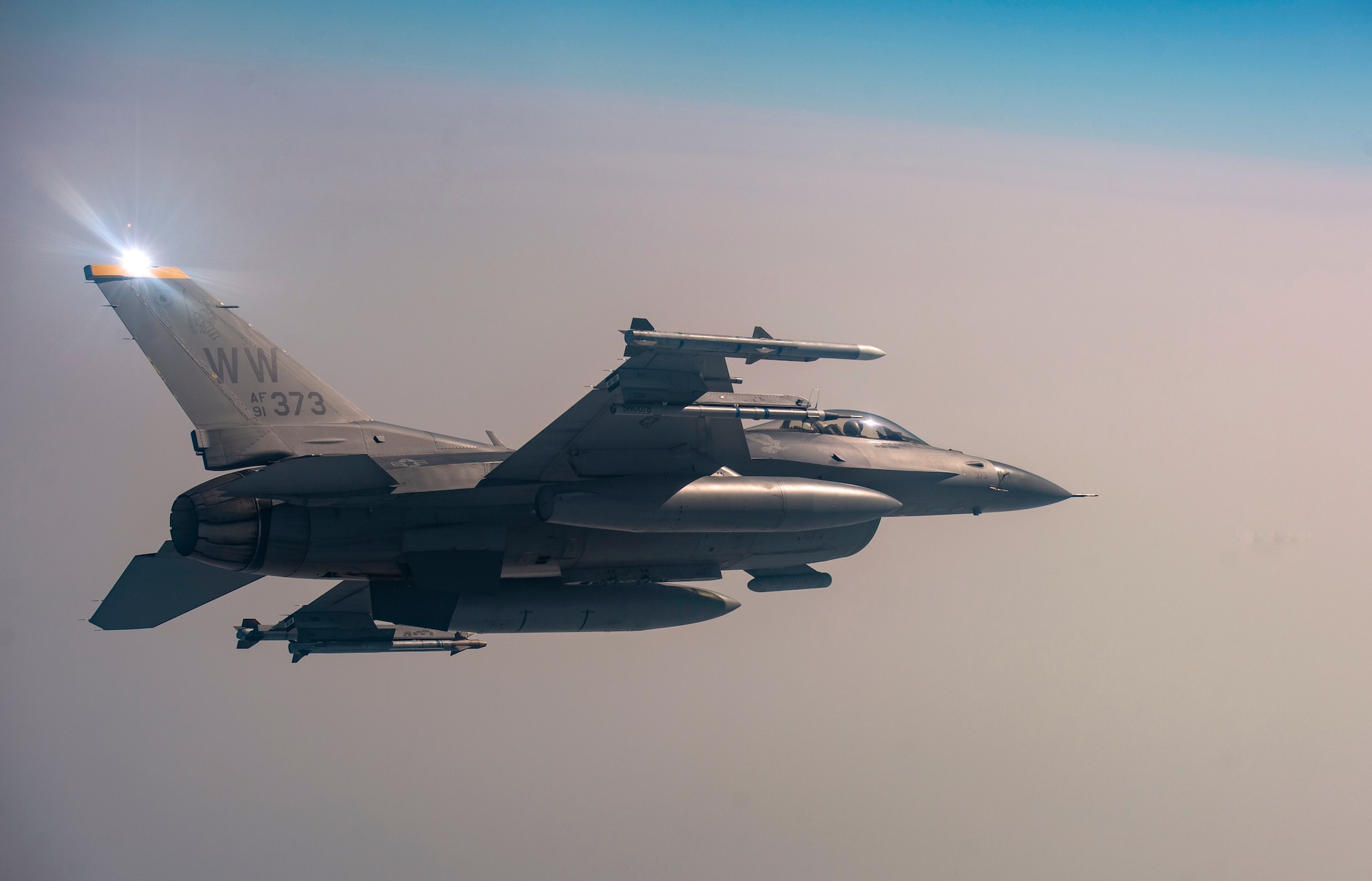 U.S. Air Force Capt. Joe Swinson, 14th Fighter Squadron pilot, flies alongside his wingman during a large-scale air defense and strike mission exercise during COPE Tiger 19, in Thailand, March 14, 2019.