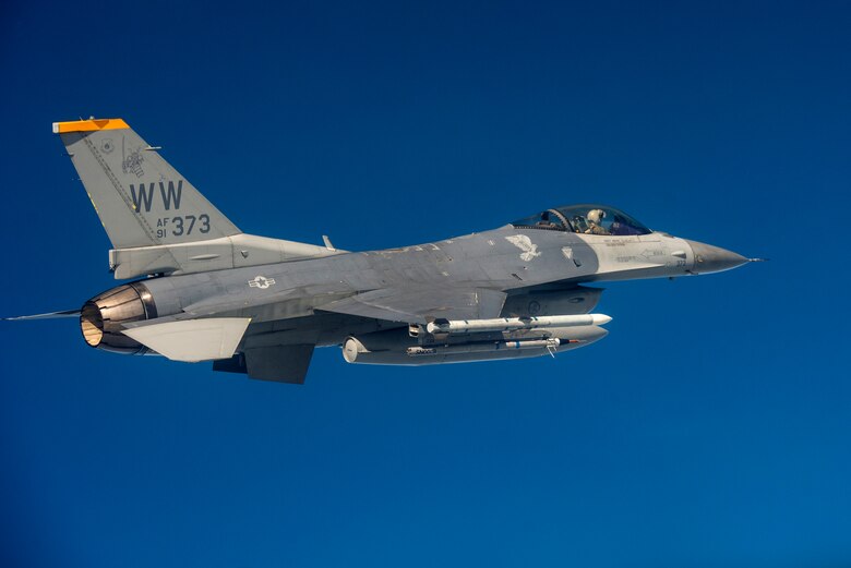 U.S. Air Force Capt. Joe Swinson, 14th Fighter Squadron pilot, flies alongside his wingman during a large-scale air defense and strike mission exercise during COPE Tiger 19, in Thailand, March 14, 2019.