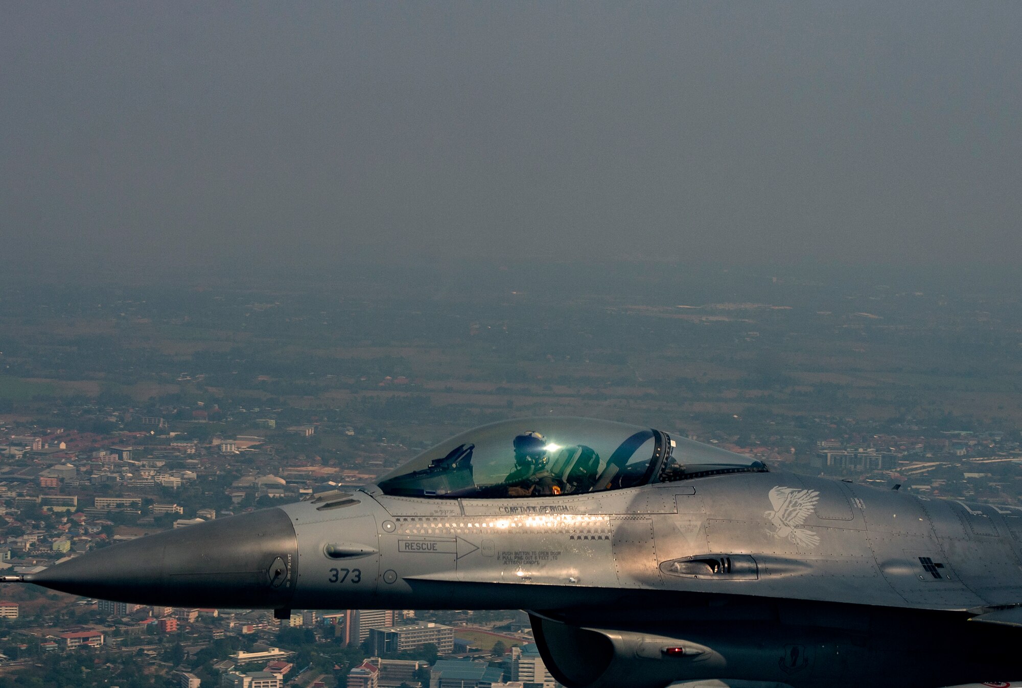 U.S. Air Force Capt. Joe Swinson, 14th Fighter Squadron pilot, flies alongside his wingman during a large-scale air defense and strike mission exercise during COPE Tiger 19, in Thailand, March 14, 2019.