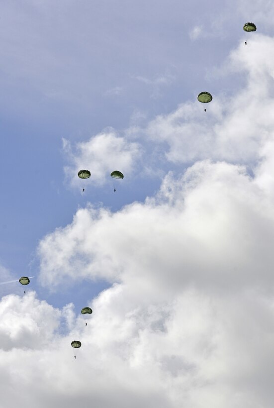 Paratroopers jumping near Sainte-Mere-Eglise, France