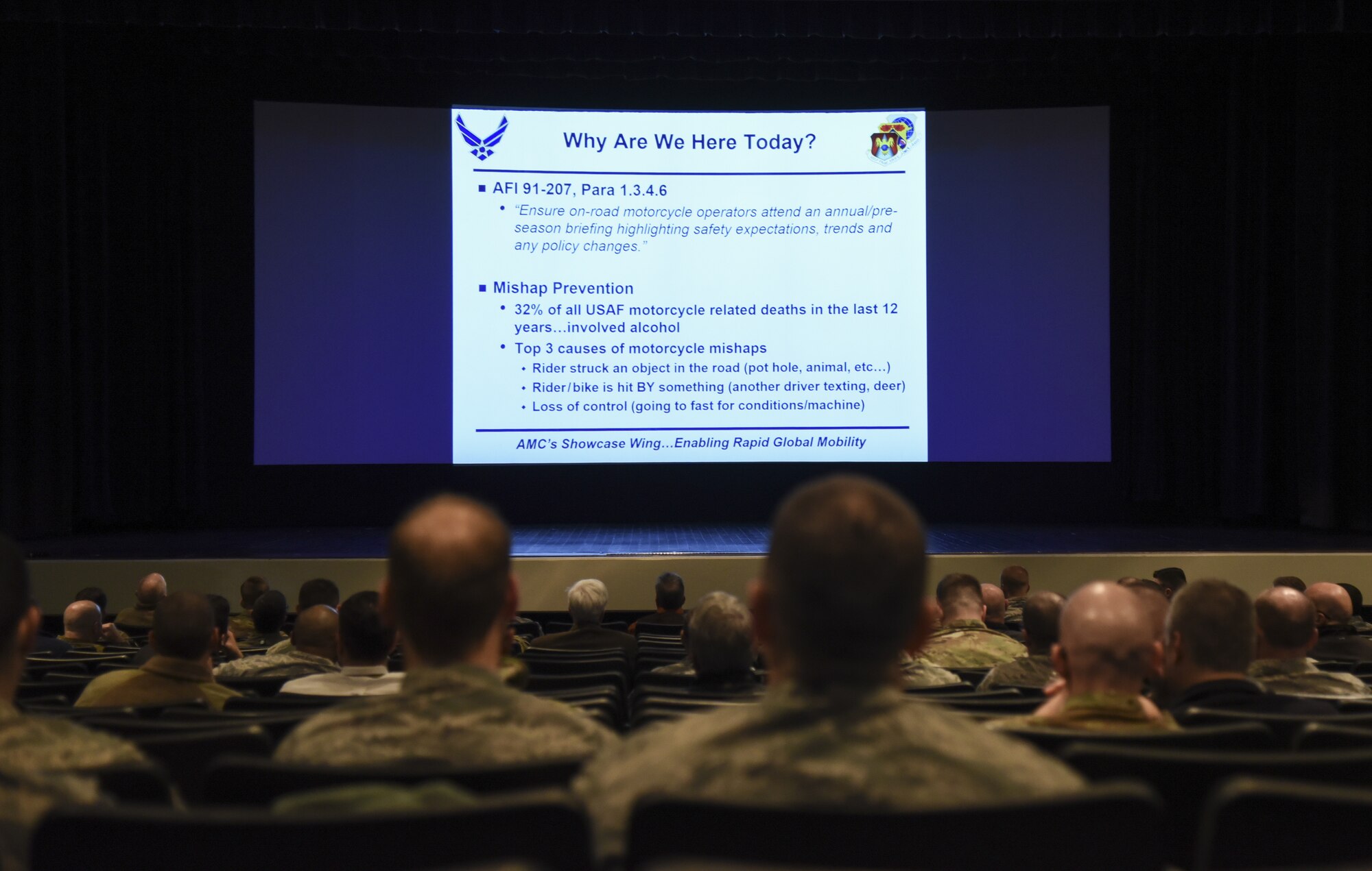 Airmen attend a motorcycle riding preseason brief at Scott Air Force Base, Ill., March 12, 2019, to fulfill a mandatory training requirements. (U.S. Air Force photo by Airman 1st Class Solomon Cook)